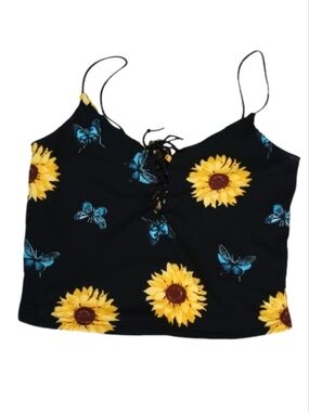 Faded Rose Sunflower & Butterfly Lace-Up Cami - Black
